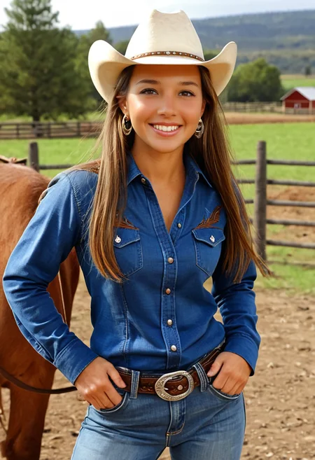 best quality, masterpiece, absurdres, newest, solo,
<lora:CL_Model_SDXL:0.9> 1 woman, cl_m0d3l, long hair, straight hair, eyelashes, lips, brown eyes, brown hair, jewelry, earrings, necklace, smile, teeth, looking at viewer,
cowgirl clothes, cowboy hat, long sleeve flannel shirt, denim jeans, belt, belt buckle,
farm scenery, country outdoors,