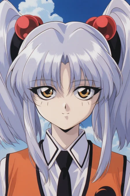 masterpiece, best quality, source_anime,official art,perfect_anatomy,1990s_\(style\),retro_artstyle, Ruri_Hoshino,silver_hair,hair_bobbles,hair_ornament,necktie,orange_vest,shirt,long_sleeves,uniform,(beautiful detailed face,looking_at_viewer,smile),portrait,close to viewer,day,blue_sky,cloud