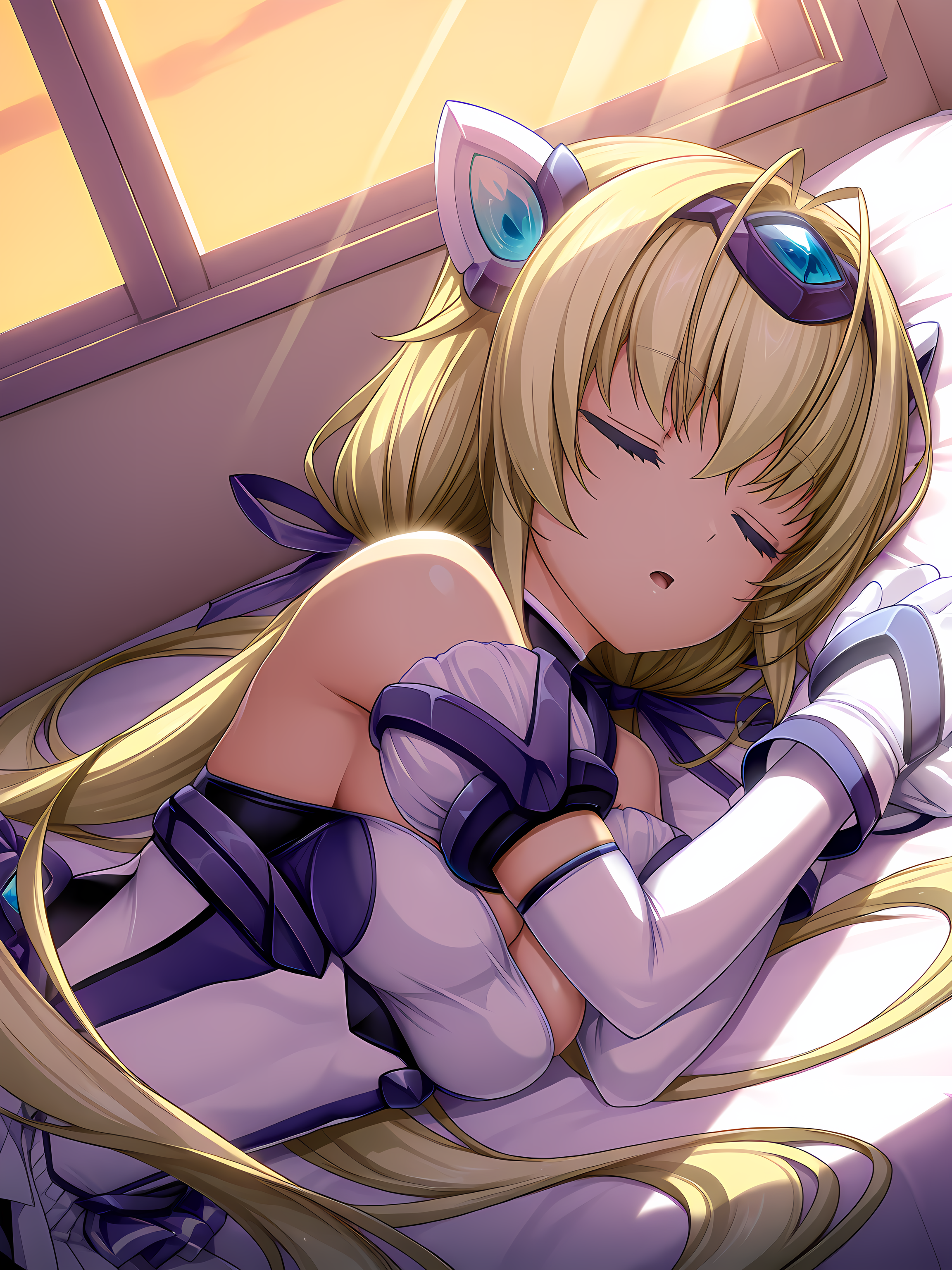spica,inoino,medium breasts,exstia outfit,sleeping,<lora:Souma__Spica_-_Exs-Tia:1>,on side, evening, dappled sunlight, window, light rays, serene, peaceful, open mouth,, masterpiece,best quality,amazing quality,