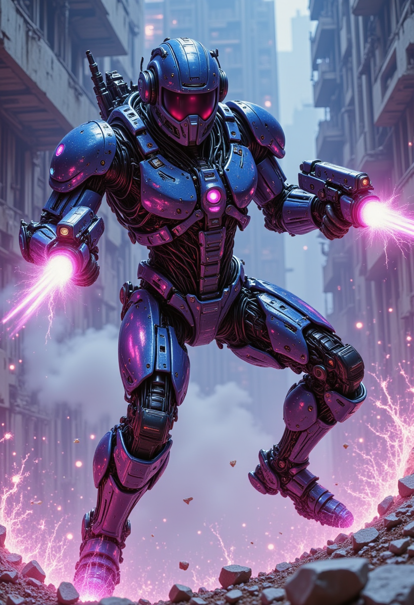 pinkmechalux, An elite cybernetic commando with slick body plating, mid-jump with twin pulse pistols firing, surrounded by bullet trails and shattered holographic glass.