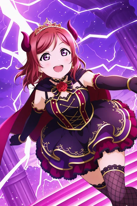 <lora:Love_Live:1>, Love Live, 1girl, purple eyes, red hair, solo, gloves, horns, flower, cape, rose, tiara, jewelry, smile, dress, medium hair, fishnets, open mouth, lightning, elbow gloves, thighhighs, fishnet thighhighs, detached sleeves