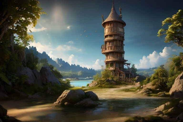 realistic analog photo, award winning photo, vary wide shot of stone witow tower:1.3, (Military watchtower), beach, dirt road, nature, outdoors, RAW, highres, 8k, uhd, High Dynamic Range, tonemapping, crisp details, no humans, palm tree, plant, rock, scenery, shore, sky, summer, sunlight, tree