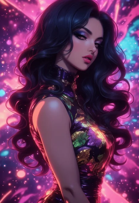 aidmaGlow, closeup side portrait of stunning oriental woman, long flowing hair, dark eyeshadow, red lips, silk cheongsam, cleavage, splashing, abstract ink splash, psychedelic, neon, abstract background, great lighting.