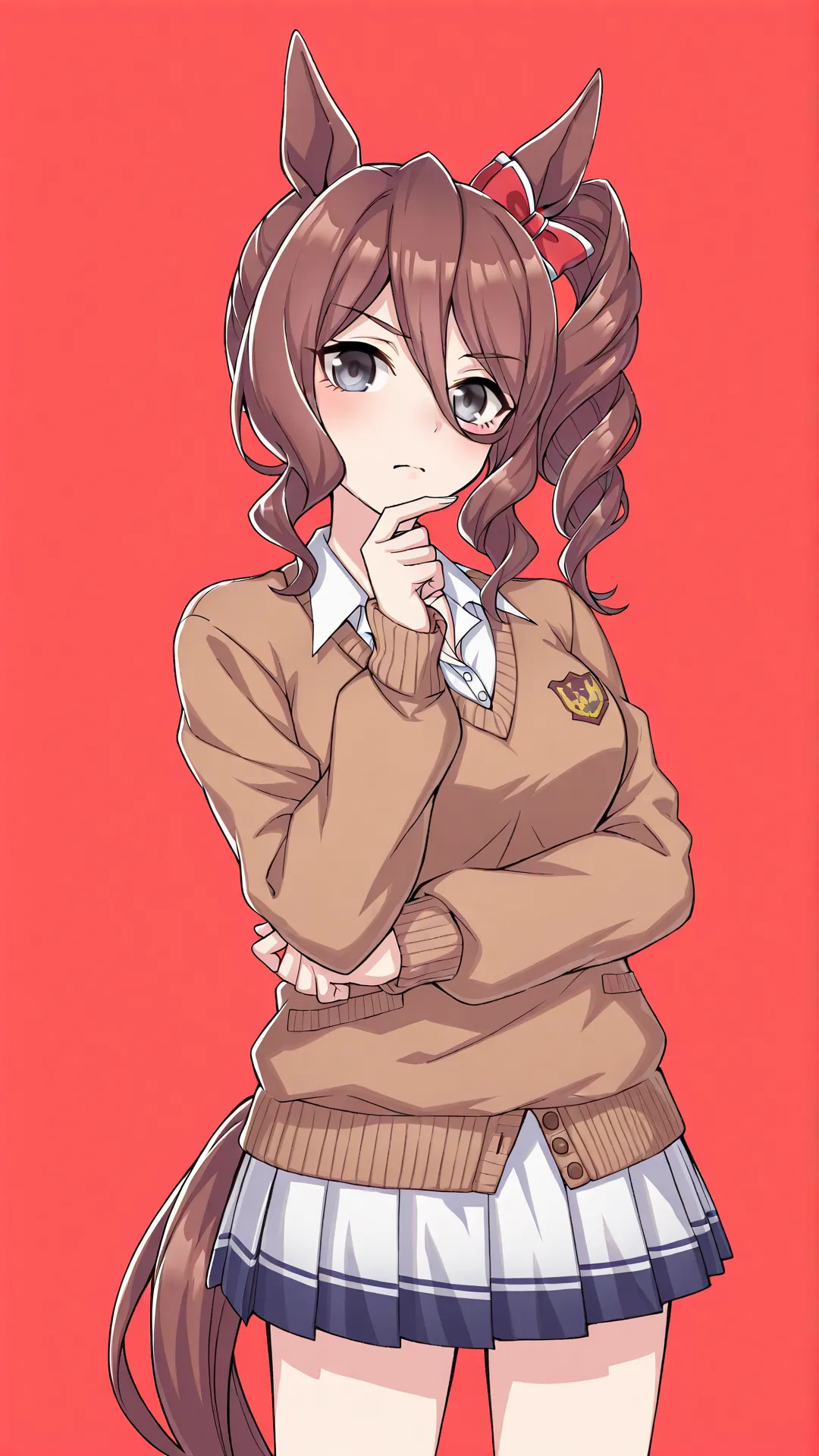 <lora:norn_ace:0.8>,norn ace \(umamusume\),bangs,breasts,brown hair,hair between eyes,long hair,sidelocks,horse girl,horse ears,horse tail,red ribbon,ear ornament,grey eyes,sweater,jacket,school uniform,skirt,simple background,cowboy shot,