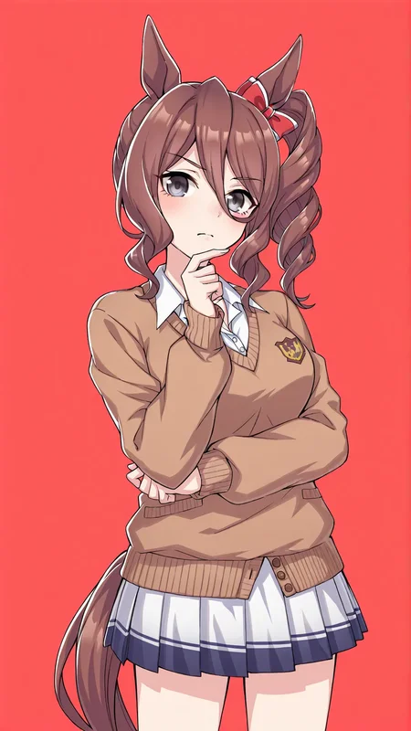 <lora:norn_ace:0.8>,norn ace \(umamusume\),bangs,breasts,brown hair,hair between eyes,long hair,sidelocks,horse girl,horse ears,horse tail,red ribbon,ear ornament,grey eyes,sweater,jacket,school uniform,skirt,simple background,cowboy shot,