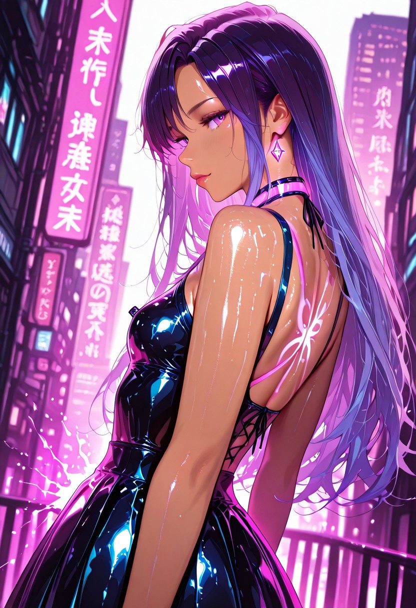 1girl, long purple hair, tangled, tan skin, small breasts, perky, glossy skin, neon latex skirt, glowing tattoos on back, posing with energy burst, confident gaze, looking at viewer, from side
BREAK
urban spire, glowing cityscape, neon rain, pulsing lights
BREAK
realistic anime style, ultra-detailed, 8K, absurdres, neon colors, depth of field, cinematic lighting, high contrast, pink glow, sharp outlines, rich details, urban enchantment
BREAK
masterpiece, ultra-detailed, 8K, vivid colors, source_realistic:1.6, score_9_up, score_8_up:1.3, anime style, vibrant colors, high contrast, dynamic light, warm glow, sharp outlines, rich details, seductive atmosphere