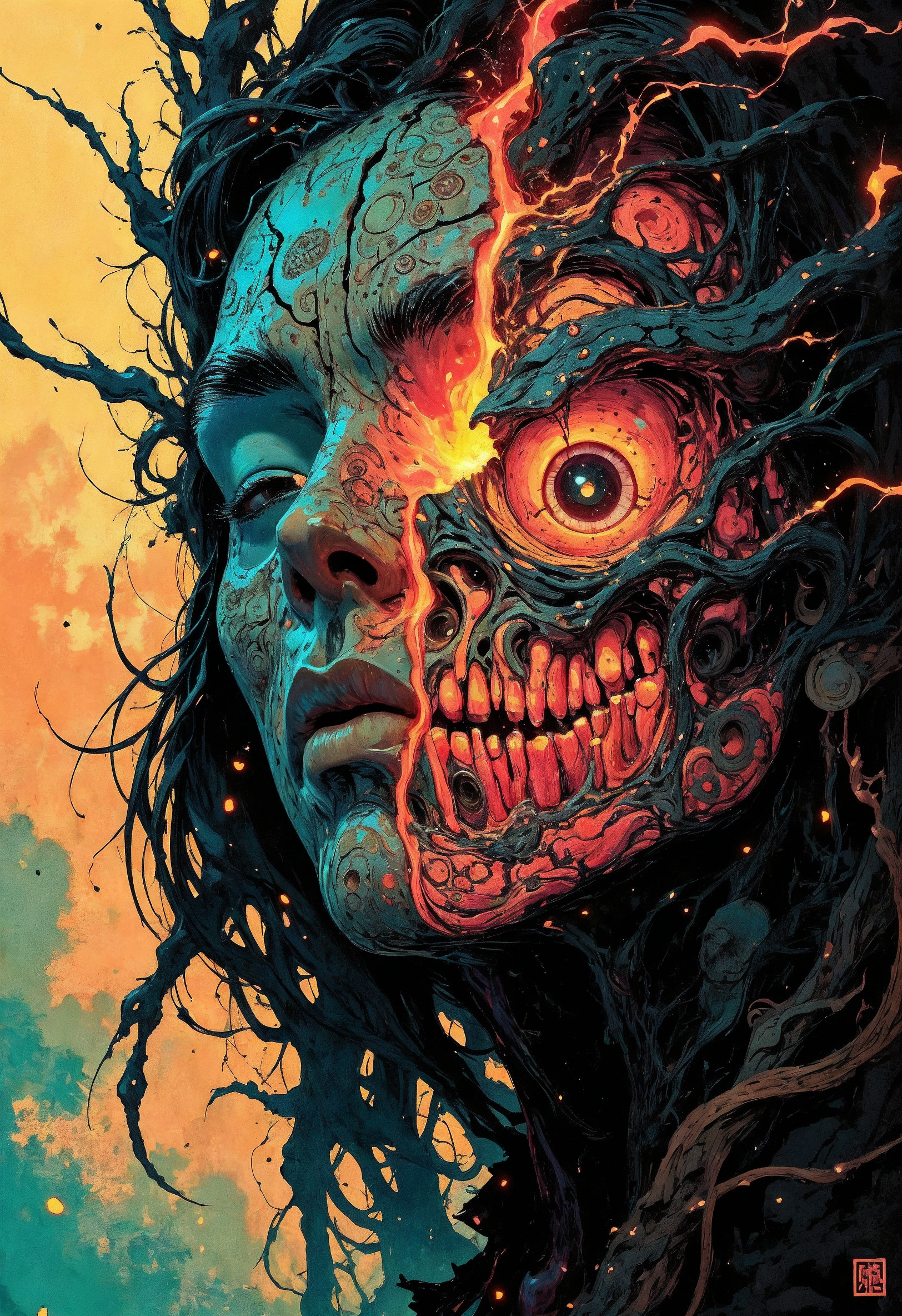 (in Otomo Katsuhiro style:1.2), masterpiece, high-quality, A close-up of a mysterious figure with a porcelain mask cracked down the center revealing glowing tendrils of energy underneath, The masks surface is adorned with intricate carvings of ancient symbols and faint embers drift from the cracks, The background is a hazy abstract swirl of warm and cool tones suggesting an otherworldly void, fractured mask, glowing tendrils, surreal close-up, (Stylized in a mix of dark surrealism and intricate line art:1.1), (elaborate fine details:1.1), (hyperdetailed:1.1), (intricate details:1.0), (Refined details:1.1), (best quality:1.1), (high resolution:1.2), <lora:FLUX\Anime v1.3:0.6> <lora:FLUX\VividlyReal:0.6> <lora:FLUX\FLUX-daubrez-DB4RZ:0.4>