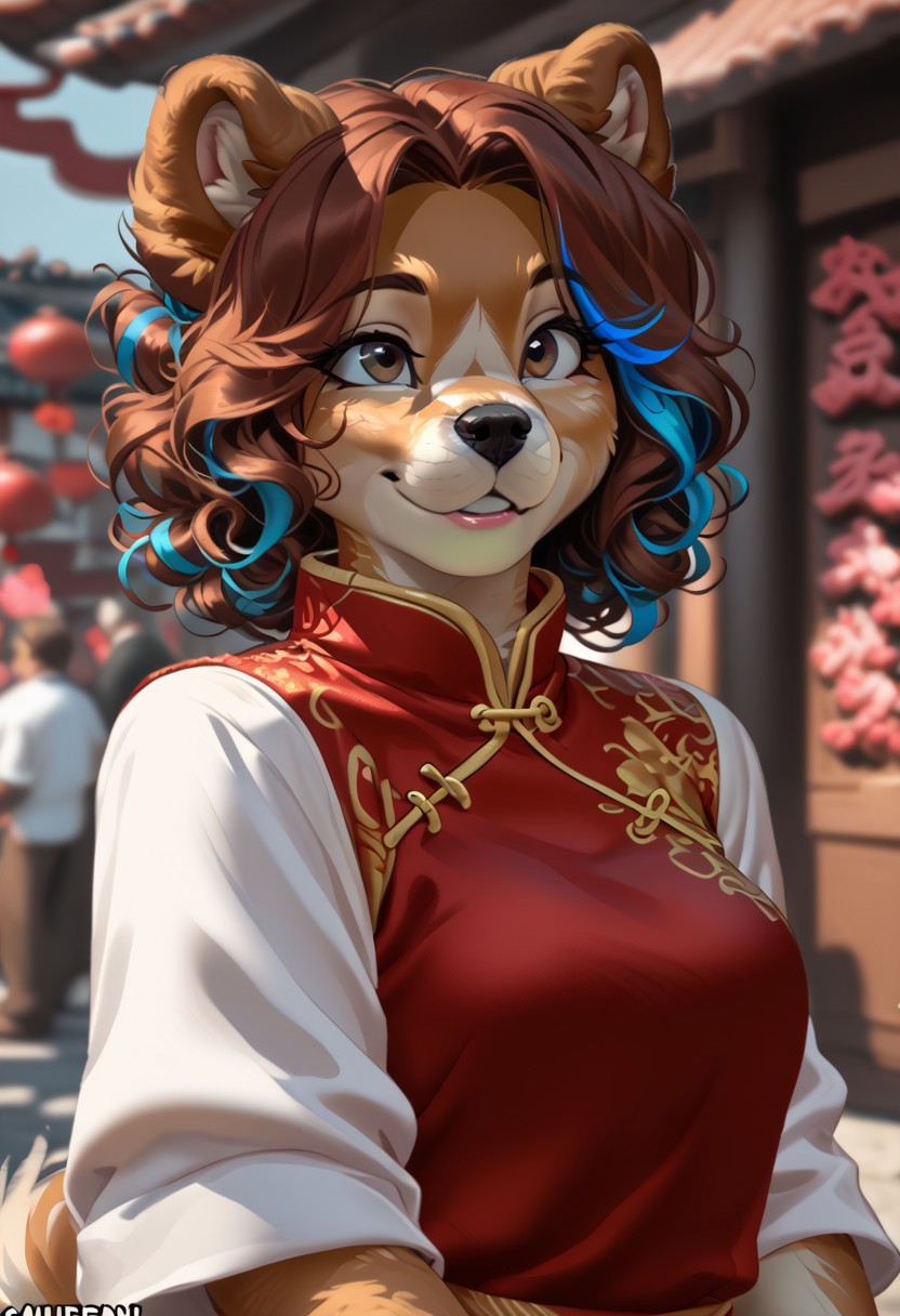 score_9, score_8_up, score_7_up, (by kittydee:1.5), (by jailbird:1.5), (by zummeng:1.5), masterpiece, best quality,   
(Furry Art: Anthro: chow chow:1.5), 1girl, expressive eyes, feminine eyes, perfect face, feminine face, dog, canine, (fluffy fur:1), dog ears, curled dog tail, reddish-brown fur, brown eyes, (reddish brown hair with pastel blue highlights:1.5), curly hair, chinese hair buns, medium breasts, chinese clothing, depth of field, foreshortening,