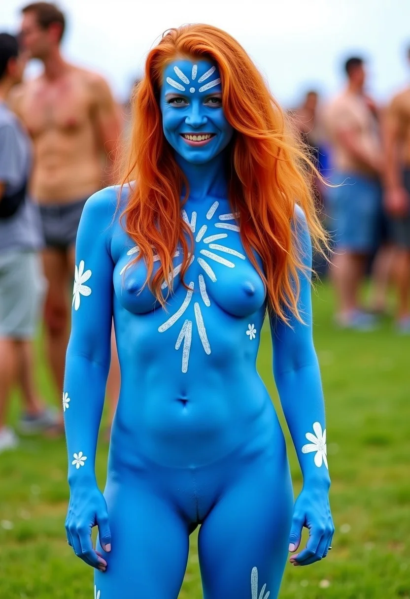 This is a candid photograph that captures a vibrant outdoor scene at what appears to be a public event or festival, likely held on a grassy field. The central figure is a 20 year old Irish Ginger woman with long, wavy, vibrant red hair and fair skin. She has the most beautiful Blue eyes and breathtaking smile. She is completely covered in a vibrant, blue body paint that covers her entire body, including her face, arms, and legs, creating a striking, almost surreal appearance. The blue paint features white splashes and splatters, adding to the artistic effect. Body_Paints