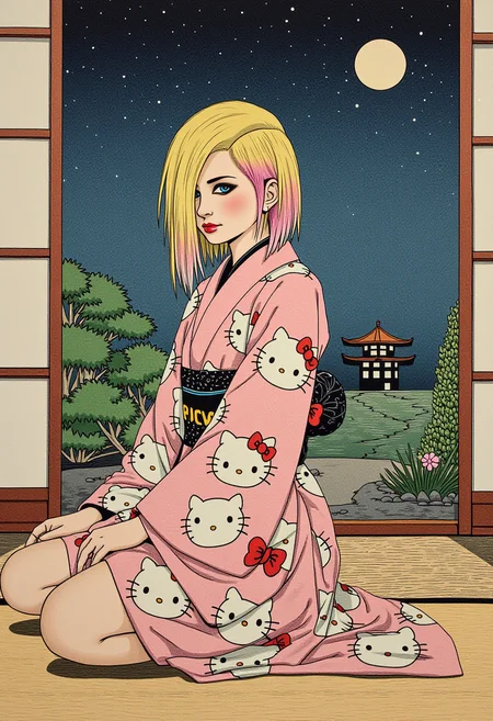 Emo_JBX scene young woman with emo haircut with long sideswept bangs, blonde hair with pink highlights, wearing kimono with hello kitty designs, black eyeliner, kneeling in a traditional room, open doors in background, night and garden visible, detailed ukiyo-e block print