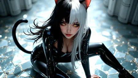 An extreme photorealistic upper body shot of a voluptuous body with hourglass body frame cat girl with mesmerizing golden eyes and slit pupils like cat eyes. She has long, flowing two-tone hair, white and black, with striking, unrealistic beauty. Her pink lips curve slightly to reveal sharp fangs, and her long fingernails are a key feature of her sleek cat suit.Include tiny imperfections like pores, faint freckles, and slight skin texture variations to add realism.Realistic lip texture with soft lines, slight gloss, and natural color variation.Individually rendered eyebrow hairs with natural variation in direction, length, and thickness.Variation in hair strand thickness, with some thinner and finer than others.Detailed texture on the cat suit, showing the weave or material pattern, such as leather, spandex, or velvet.Shadows that move with the character, responding to her position and the light source accurately.A background of shattered glass with light refracting through the cracks, creating intricate patterns.
She sits with her legs outstretched in front of her, reaching forward with both hands, as if trying to grab something just out of reach.