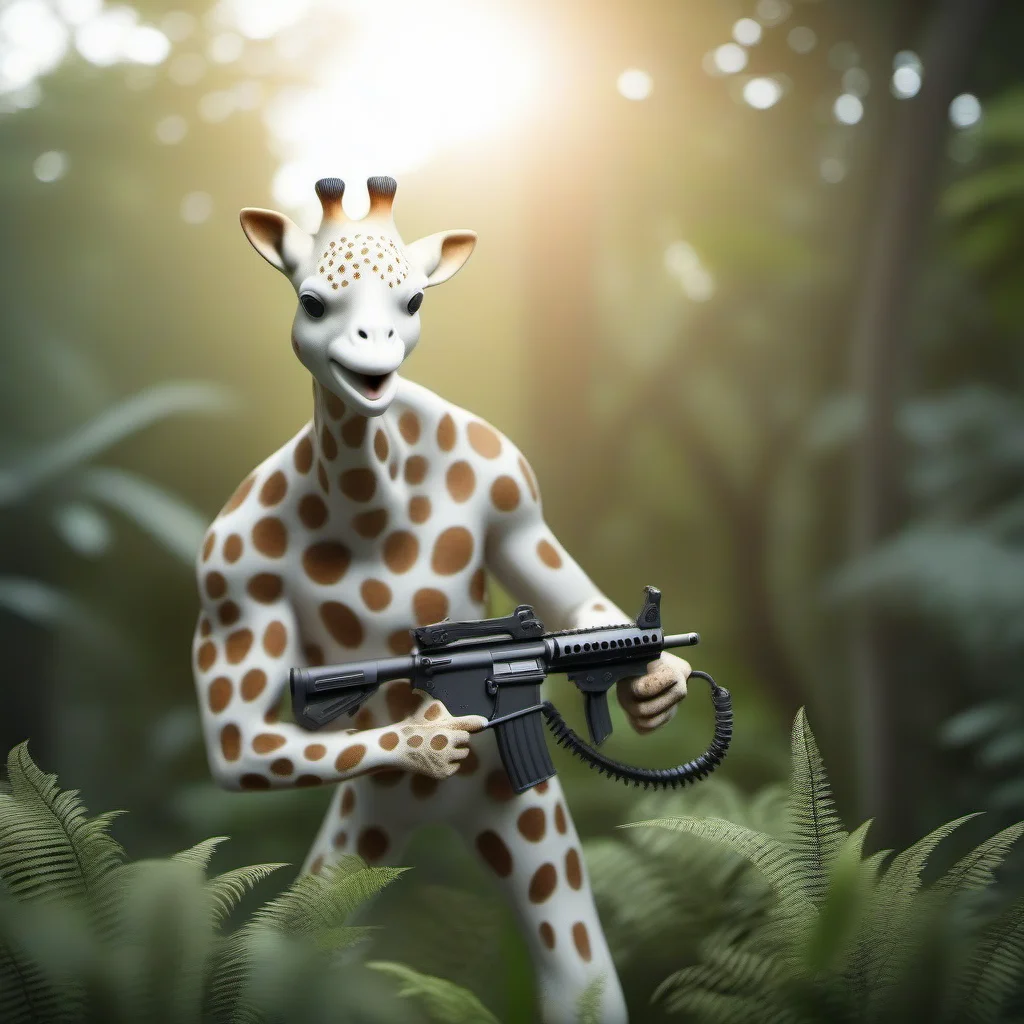 professional 3d model an muscular anthropomorphic giraffe animal shots a machinegun in the jungle <lora:Sophie1024:0.8> . octane render, highly detailed, volumetric, dramatic lighting