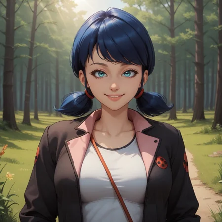 score_9, score_8, BREAK, solo, Marinette_Dupain_Cheng_(Miraculous_Ladybug), 1girl, dark blue hair, blue eyes, low pigtails, black jacket, white shirt, pink jeans, tight jeans, beige sandals, self portrait, smile, looking at viewer, outdoors, sunlight, shadows, evening lighting, natural lighting, forest, trees, grass, orange sky, sunset