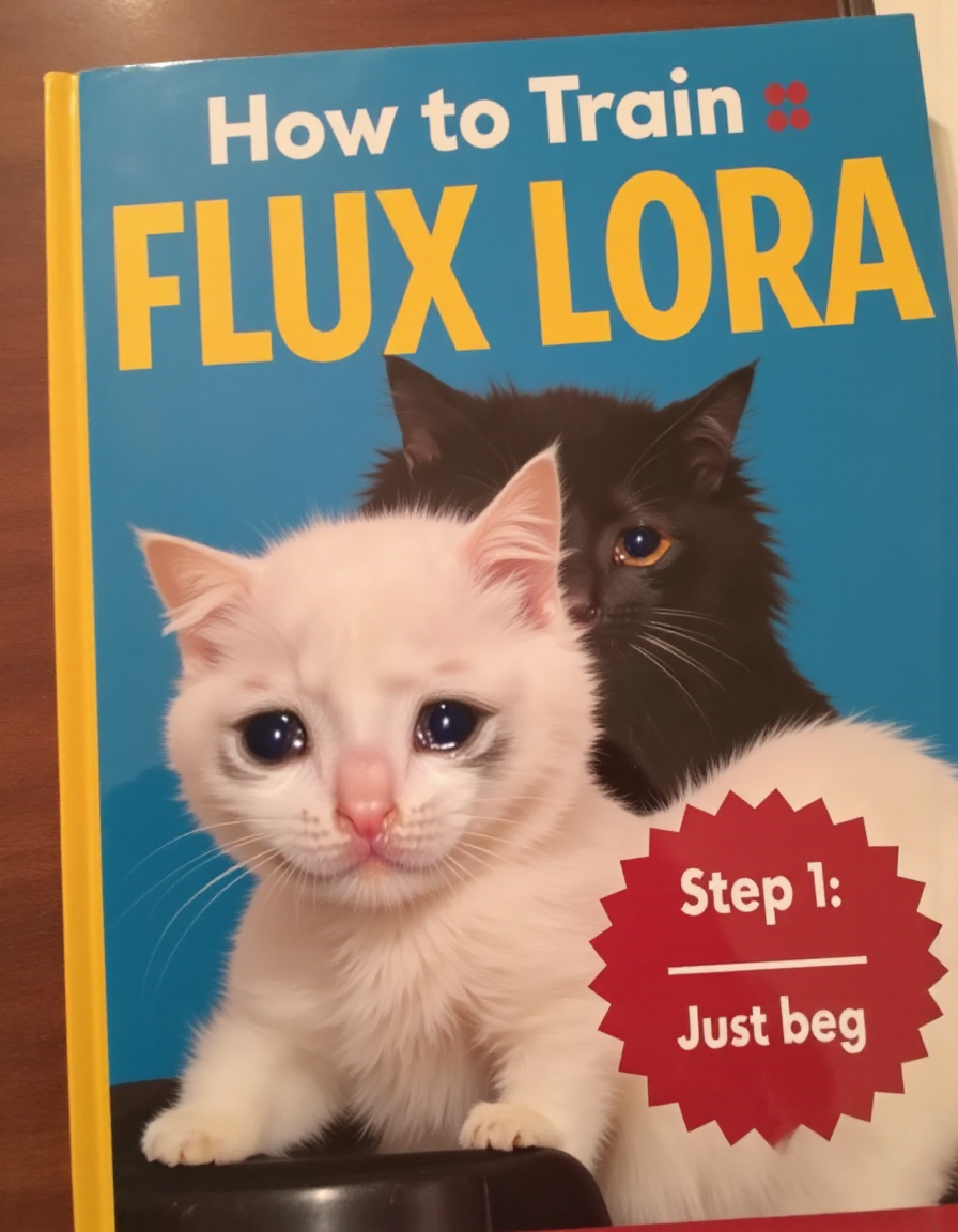 a book cover titled "how to train Flux Lora" showing a crying cat with the subtitle "Step 1: Just beg"
 <lora:crying_cat:1>
 <lora:80s_cover_art_flux:1>