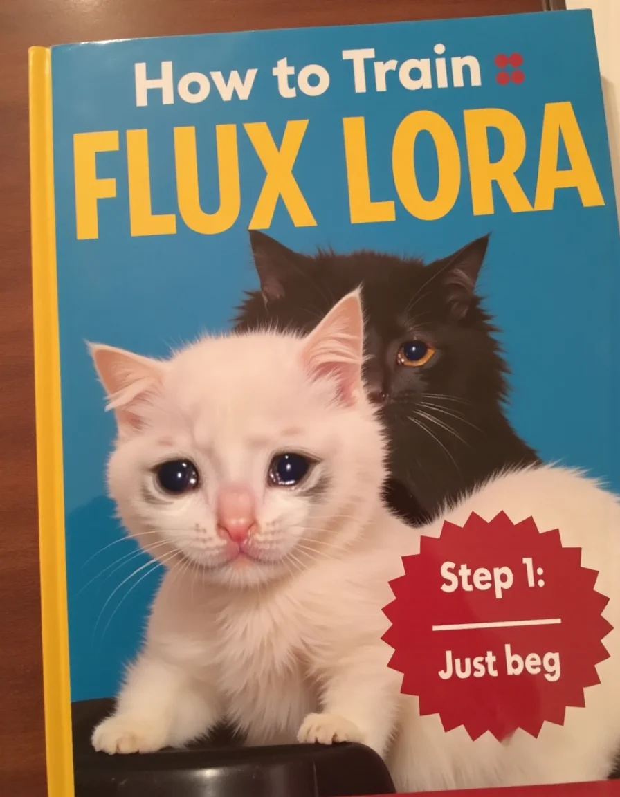 a book cover titled "how to train Flux Lora" showing a crying cat with the subtitle "Step 1: Just beg"
<lora:crying_cat:1>
<lora:80s_cover_art_flux:1>
