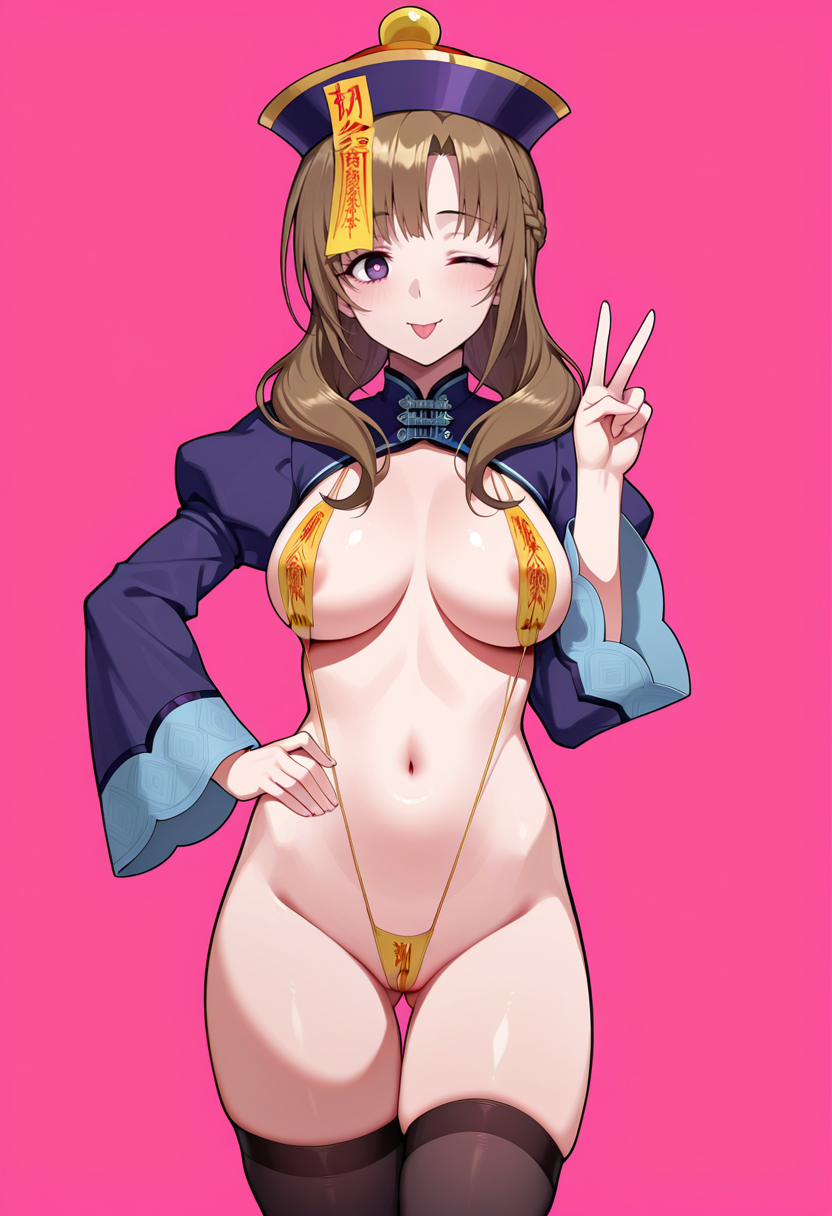 masterpiece,best quality,absurdres, amazing quality, uncensored,
1girl, solo,
standing, hand on own hip, v,
looking at viewer, :p, one eye closed, 
<lora:Sexy_Jiang_Shi:0.8> s3xj1angsh1, ofuda, qingdai guanmao, slingshot swimsuit, shrug \(clothing\), thighhighs,  
simple background, pink background,  oosuki mamako,  mature female, medium breasts,