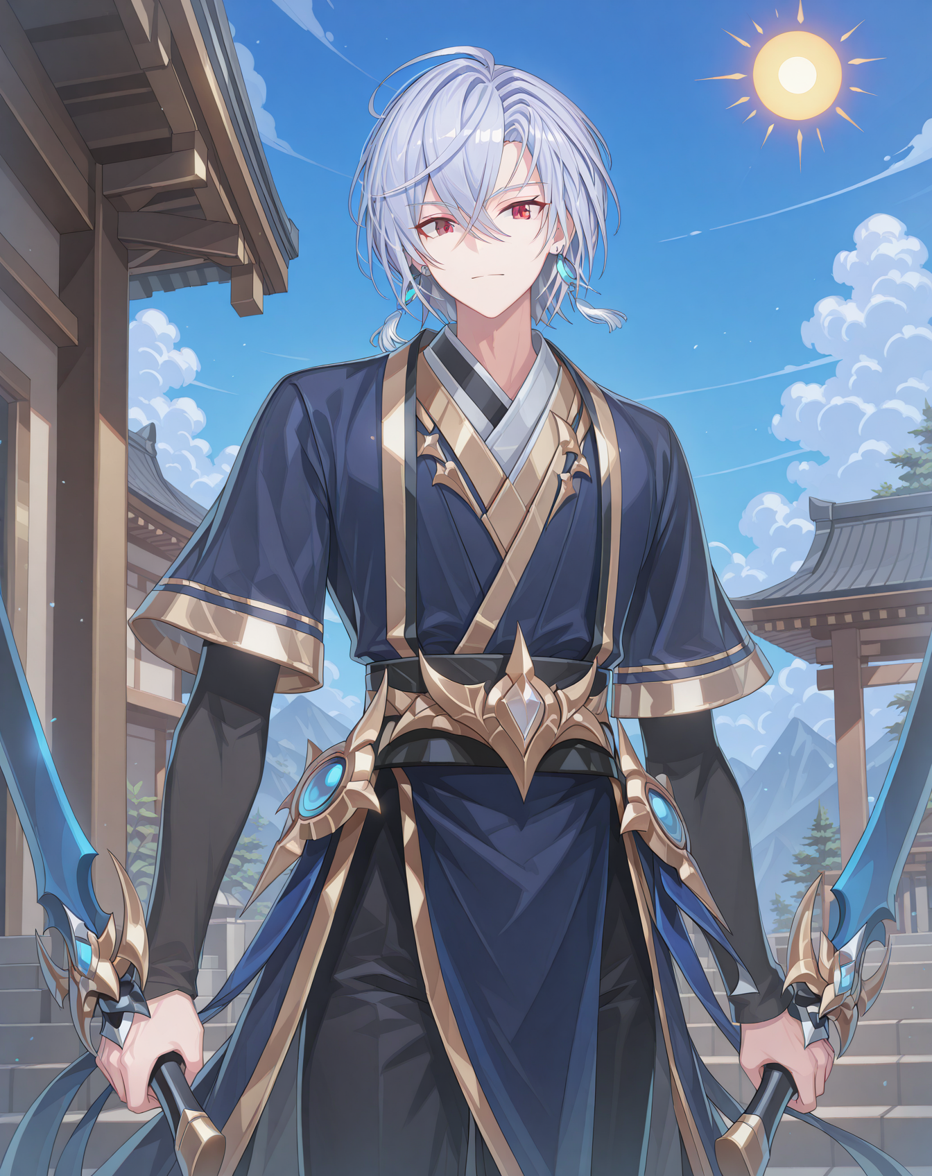 masterpiece, best quality, absurdres, very aesthetic,
1boy, solo, yaoi, male focus,
cowboy shot, upper body, looking at viewer,
<lora:AsinT_Default_ilxl:1>  asintdefault, red eyes, hair between eyes, short hair,
shoes, layered sleeves, black pants, short over long sleeves, grey footwear,
holding weapon, holding sword, dual wielding,
earrings, jewelry, 
outdoors, day, blue sky, sun,