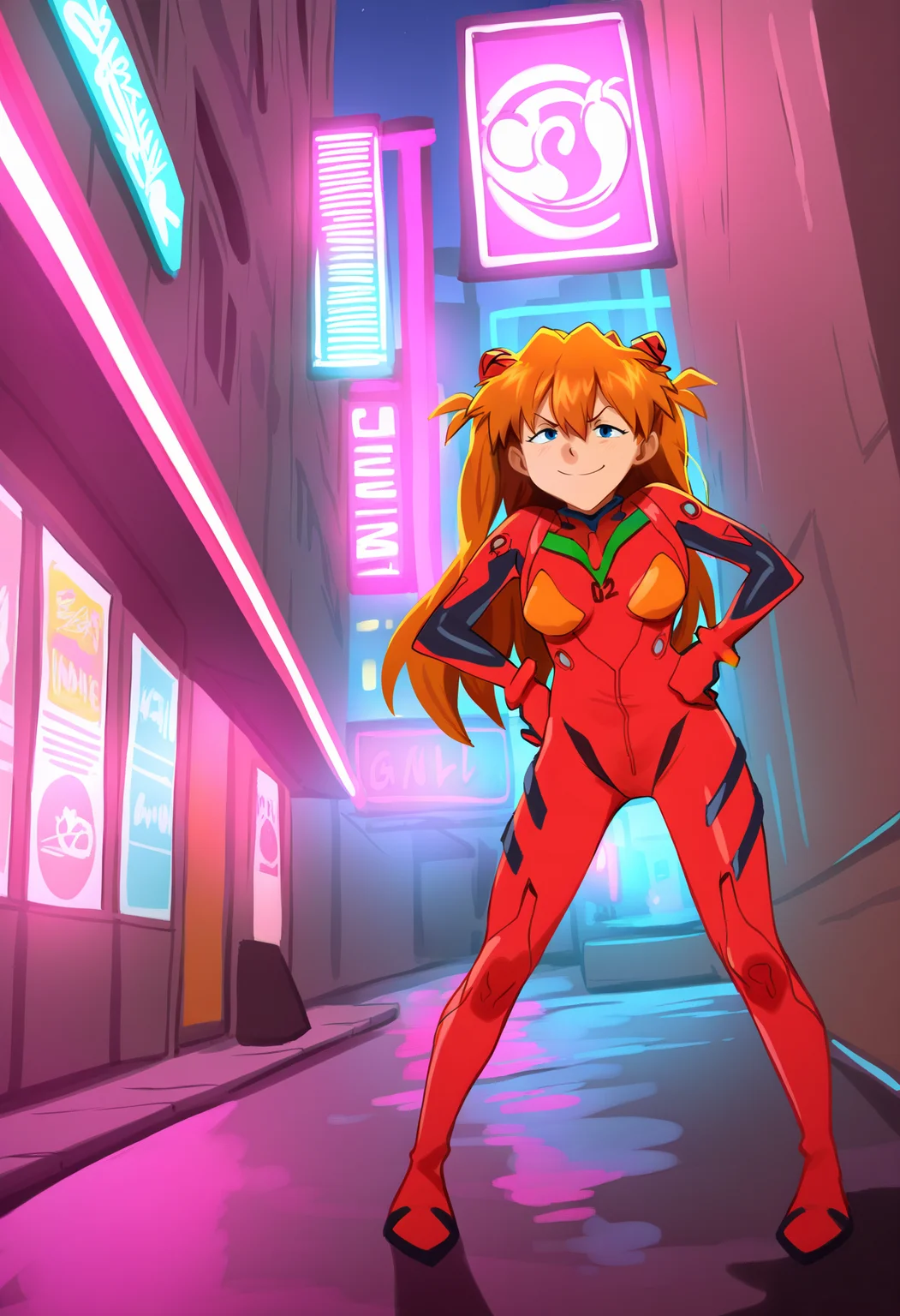 khyleri,
best quality, amazing quality, very aesthetic, absurdres,
1girl, asuka langley, red plugsuit, standing, smug, looking at viewer, futuristic background, neon light , buildings, night     <lora:KhyleriNoobLocon_byKonan:1>