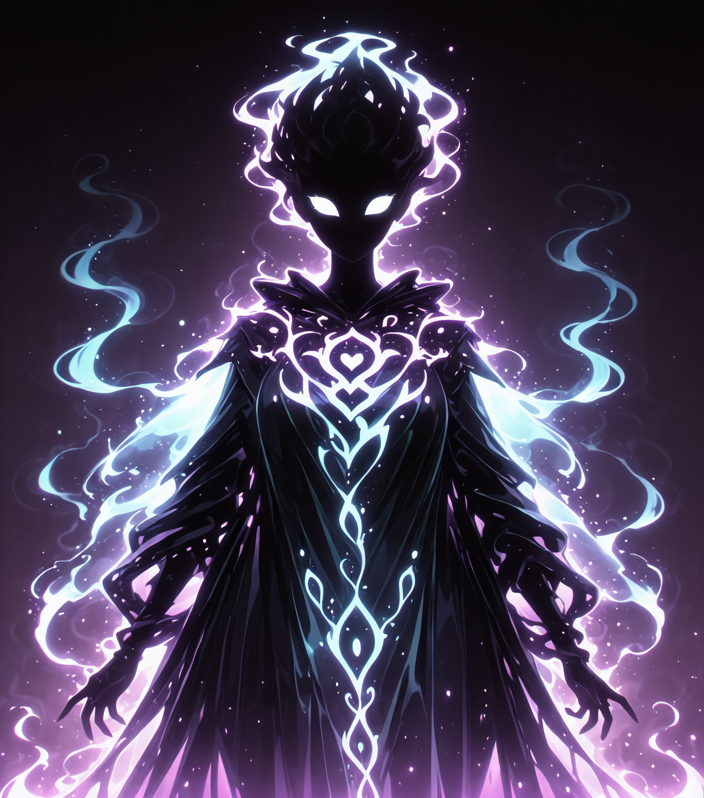 <lora:Shadows_v3_Buns:0.75> sh4d0wv3, black silhouette, solo, colorful aura, Spectral Alchemist, translucent cloak, shimmering ethereal flasks, ghostly aura, glowing mist, masterpiece, best quality, amazing quality