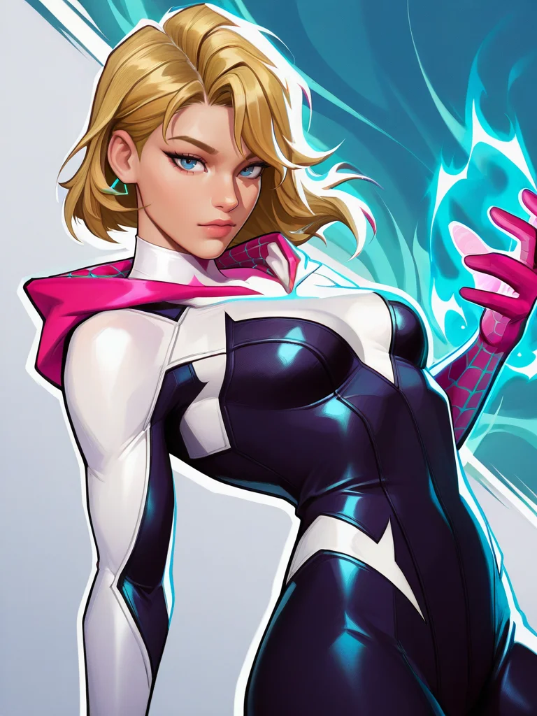 highres, hi res, best quality, masterpiece, intricate details, absurdres, 4k,, semi realistic, cartoon,
1girl, gwen stacy, blonde hair, blue eyes, bodysuit,, energy around, aura,, looking at viewer, dynamic pose, fighting stance, cowboy shot, multicolored background, dutch angle, 
, MarvelRivals, <lora:AMarvelRivals_style-06:1>