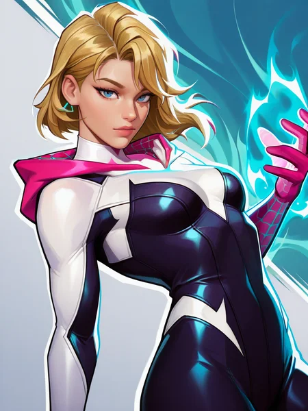 highres, hi res, best quality, masterpiece, intricate details, absurdres, 4k,, semi realistic, cartoon,
1girl, gwen stacy, blonde hair, blue eyes, bodysuit,, energy around, aura,, looking at viewer, dynamic pose, fighting stance, cowboy shot, multicolored background, dutch angle, 
, MarvelRivals, <lora:AMarvelRivals_style-06:1>