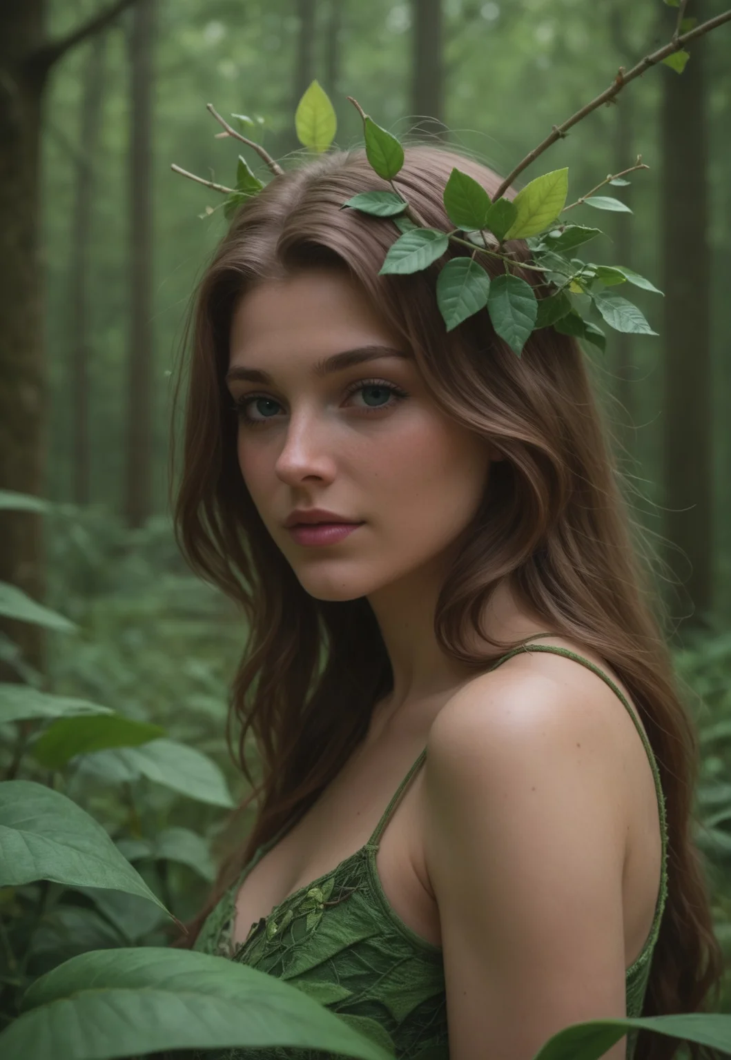 score_7 up, A detailed image of a dryad, a mythical tree spirit, in a dense, lush forest at night. The dryad is a young mature woman, seamlessly blending with the natural elements. She has green bark-like skin, leaves in her hair, and vines wrapping around her arms. The forest is filled with towering trees, thick underbrush, and a variety of foliage. There is a mystical, yet natural feel to the environment, conveying a sense of harmony and tranquility.
(((upper body))),
<lora:add-detail-xl:1>
<lora:Dynamic Poses:1>