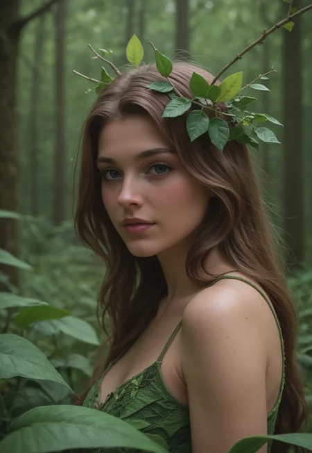 score_7 up, A detailed image of a dryad, a mythical tree spirit, in a dense, lush forest at night. The dryad is a young mature woman, seamlessly blending with the natural elements. She has green bark-like skin, leaves in her hair, and vines wrapping around her arms. The forest is filled with towering trees, thick underbrush, and a variety of foliage. There is a mystical, yet natural feel to the environment, conveying a sense of harmony and tranquility.
(((upper body))),
<lora:add-detail-xl:1>
<lora:Dynamic Poses:1>