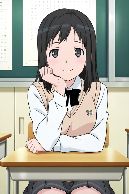 anime screenshot, touno kyouko, 1girl, solo, black hair, long hair, black eyes, medium breasts, school uniform, kibito high school uniform, white shirt, collared shirt, long sleeves, brown sweater vest, black bowtie, grey skirt, pleated skirt, looking at viewer, smile, hand on own chin, sitting, cowboy shot, indoors, classroom, chair, desk, masterpiece, best quality, high quality, highres, absurdres, <lora:touno_kyouko_ILXL:0.9>