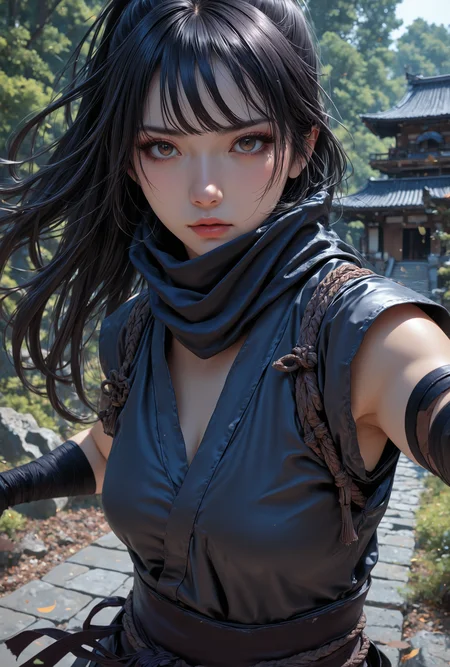 masterpiece, detailed_eyes, high_quality, best_quality, highres, subject_focus, depth_of_field, dynamic lighting , dynamic angle, detailed_eyes, 1 girl, black hair, messy_hair, brown_eye, eyelashes, detailed_background, dramatic_angle, face_focus, small_breasts, looking at viewer,wearing Jednna, ninja outfit, arm wraps, japanese castle, forest,  dynamic sexy pose,  close up <lora:DetailedEyes_V3:0.4> <lora:NinjaIL-000002:0.75>