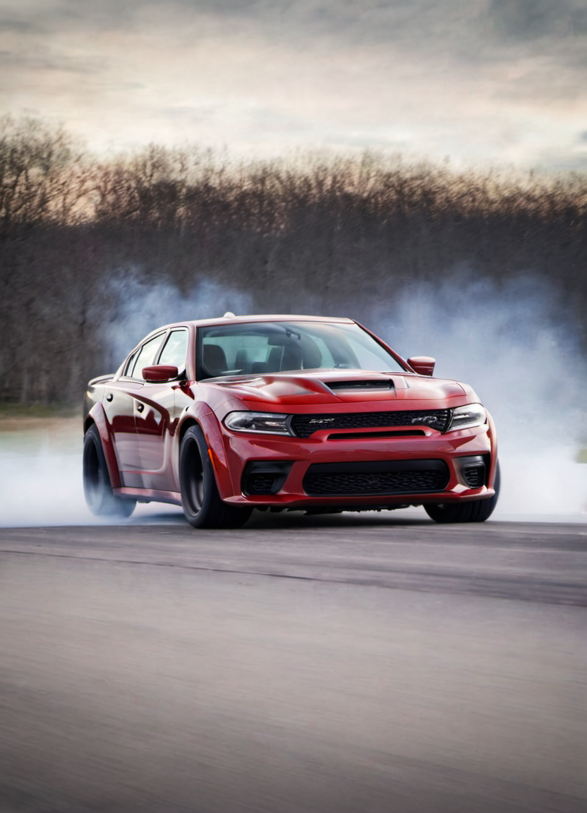 red chargerhellcatsrt seen from a very low angle, driving, in motion, tire smoke, motion blur, dramatic,
 <lora:ChargerHellcatSDXL:1>