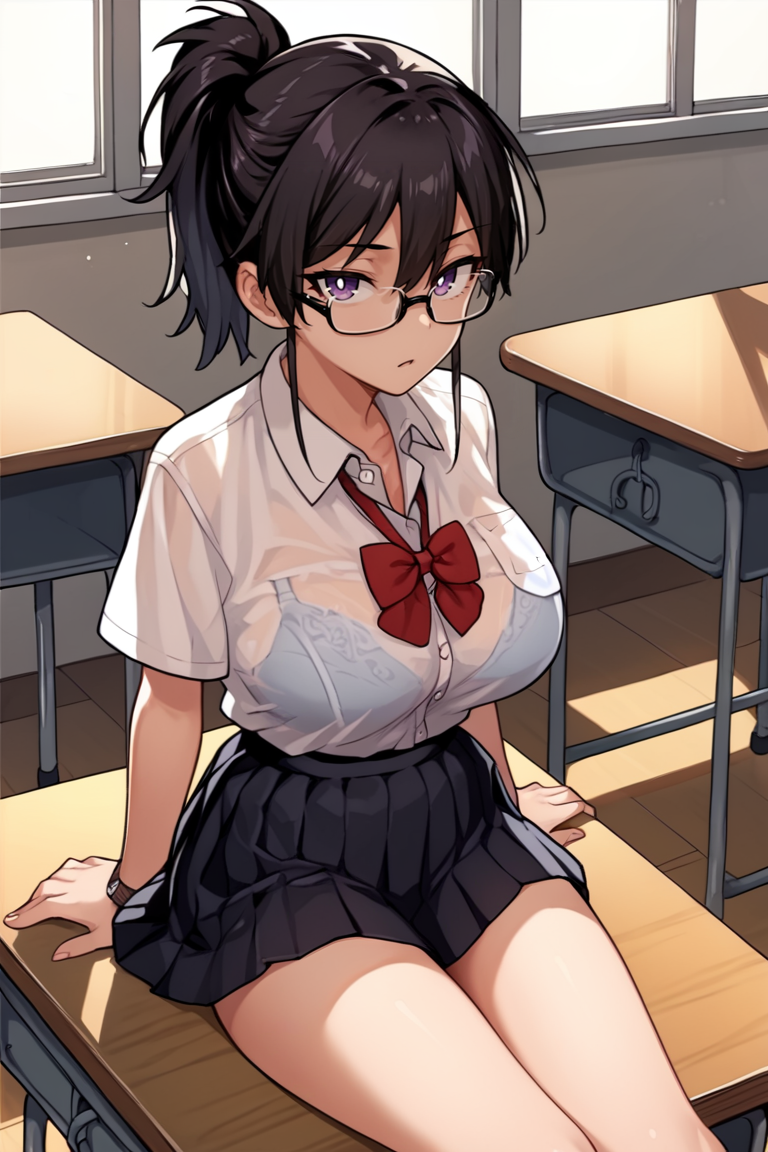 score_9, score_8_up, score_7_up, source_anime,kazama ritsuko, 1girl, breasts, skirt, glasses, red bowtie, desk, shirt, bowtie, bow, red bow, pleated skirt, sitting, bra visible through clothes, white shirt, black hair, black skirt, purple eyes, solo focus, looking at viewer, short sleeves, ponytail, collared shirt, window, see-through, indoors, school desk, classroom, on desk<lora:EMS-444383-EMS:1.000000>