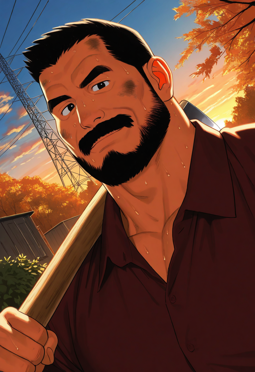 1boy, sunset, portrait, holding axe, sunset, dirty face, forest, cabinet, sweat, lake, scaffolding, bush, smile, looking at viewer, transmission tower, closed mouth, dutch angle,
BREAK
<lora:Police_commissioner_from_Hairy_Oracle_by_Gengoroh_Tagame_v0.1_1691861:1> plump,
keijisan, old man, thick mustache, long sideburns, (beard:1.5), full beard, black eyes, streaked hair, short hair, thick eyebrows,
BREAK
large pectorals, blue sky, red and black plain shirt, autumn, cloudy sky,
BREAK
best quality, masterpiece, very aesthetic, absurdres, highest detailed,