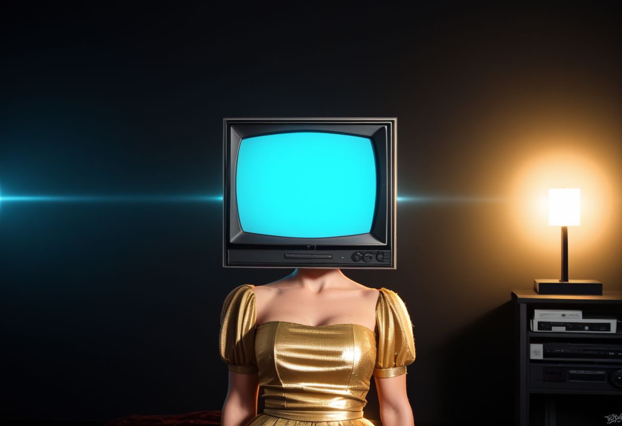 ((dzktxez)), ((television screen, tv show)), Create a captivating scene of glamorous supermodels in gold dresses perched on 1980s retro televisions. Emphasize the (radiant:1.3) presence of the models, the (shimmering:1.2) gold dresses, and the (nostalgic:1.1) ambiance of the retro TVs. Inspired by the works of (Helmut Newton:1.4) and (Andy Warhol:1.3), ultra HD, realistic 8K raw photography, prismatic sci fi inspired DSLR photography, HDR, UHD, 64K, vivid details, vibrant colors, natural lighting, volumetric lighting, bokeh, extremely detailed, cyberpunk theme, retro futurism, 128k, world morph, zPDXL