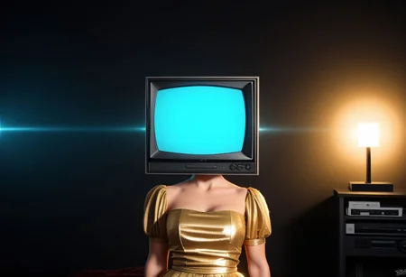 ((dzktxez)), ((television screen, tv show)), Create a captivating scene of glamorous supermodels in gold dresses perched on 1980s retro televisions. Emphasize the (radiant:1.3) presence of the models, the (shimmering:1.2) gold dresses, and the (nostalgic:1.1) ambiance of the retro TVs. Inspired by the works of (Helmut Newton:1.4) and (Andy Warhol:1.3), ultra HD, realistic 8K raw photography, prismatic sci fi inspired DSLR photography, HDR, UHD, 64K, vivid details, vibrant colors, natural lighting, volumetric lighting, bokeh, extremely detailed, cyberpunk theme, retro futurism, 128k, world morph, zPDXL