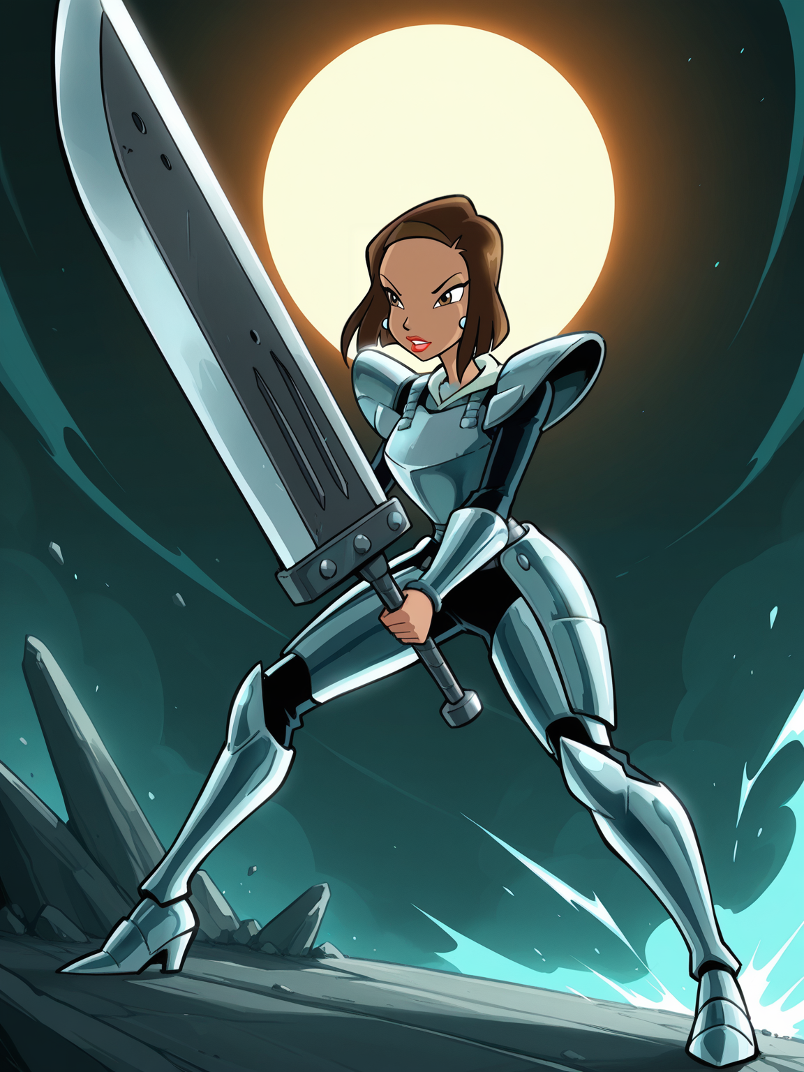 <lora:Bloom_motherIL:0.7> b_m, 1girl, short hair, brown hair, brown eyes, red lips, earrings,
gigantic sword, steel armor,glowing liens, action, full body, glowing background