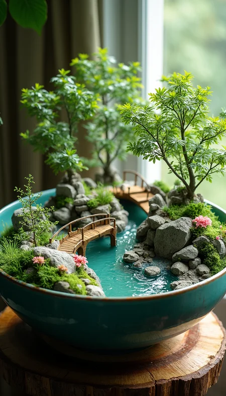 This is a professional photograph of a meticulously crafted miniature garden scene inside a large, round, teal ceramic bowl. The bowl is placed on a rustic wooden stand, which adds a natural, earthy texture. The garden features lush, green plants and small trees with delicate, leafy branches that create a serene, natural landscape. Two small, intricately designed wooden bridges span a narrow, winding stream that runs through the center of the bowl, adding a touch of whimsy and depth. The stream's water is a clear, blue-green, and its surface is gently rippling, indicating a small, continuous flow.
Surrounding the stream are smooth, gray rocks, some with moss, and tiny, pink flowers adding vibrant color and texture. The background of the bowl includes a mix of larger rocks and more plants, enhancing the depth and realism of the miniature environment. The setting is illuminated by soft, natural light, likely from a nearby window, which creates a warm, inviting atmosphere. The overall style is a blend of realism and fantasy, with a focus on detail and natural elements, making the scene both captivating and tranquil.