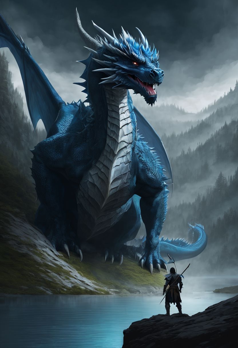 a blue dragon, dungeons and dragons, huge dragon, blue, magic speel, dark ambience, lake, dark cave