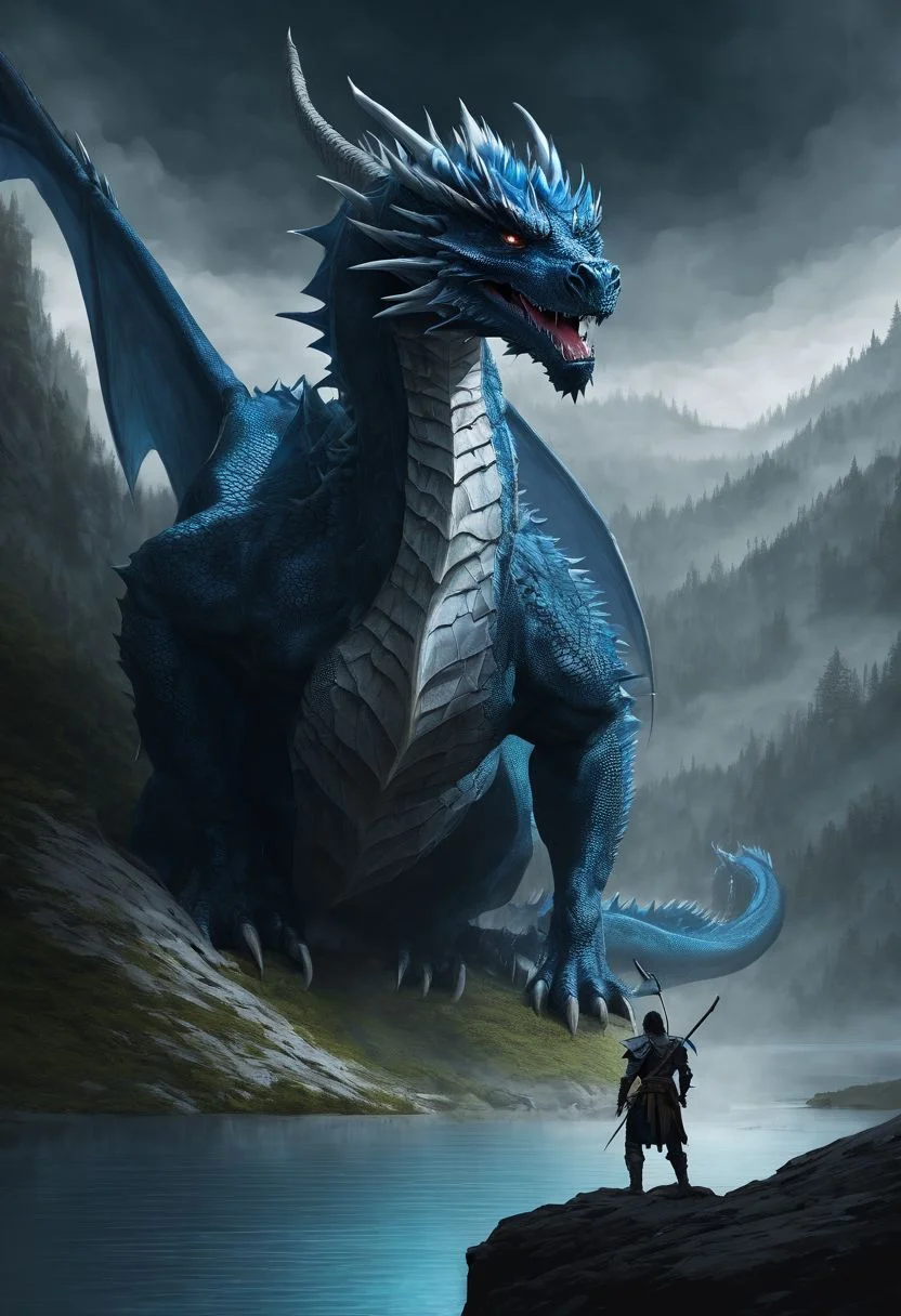 a blue dragon, dungeons and dragons, huge dragon, blue, magic speel, dark ambience, lake, dark cave