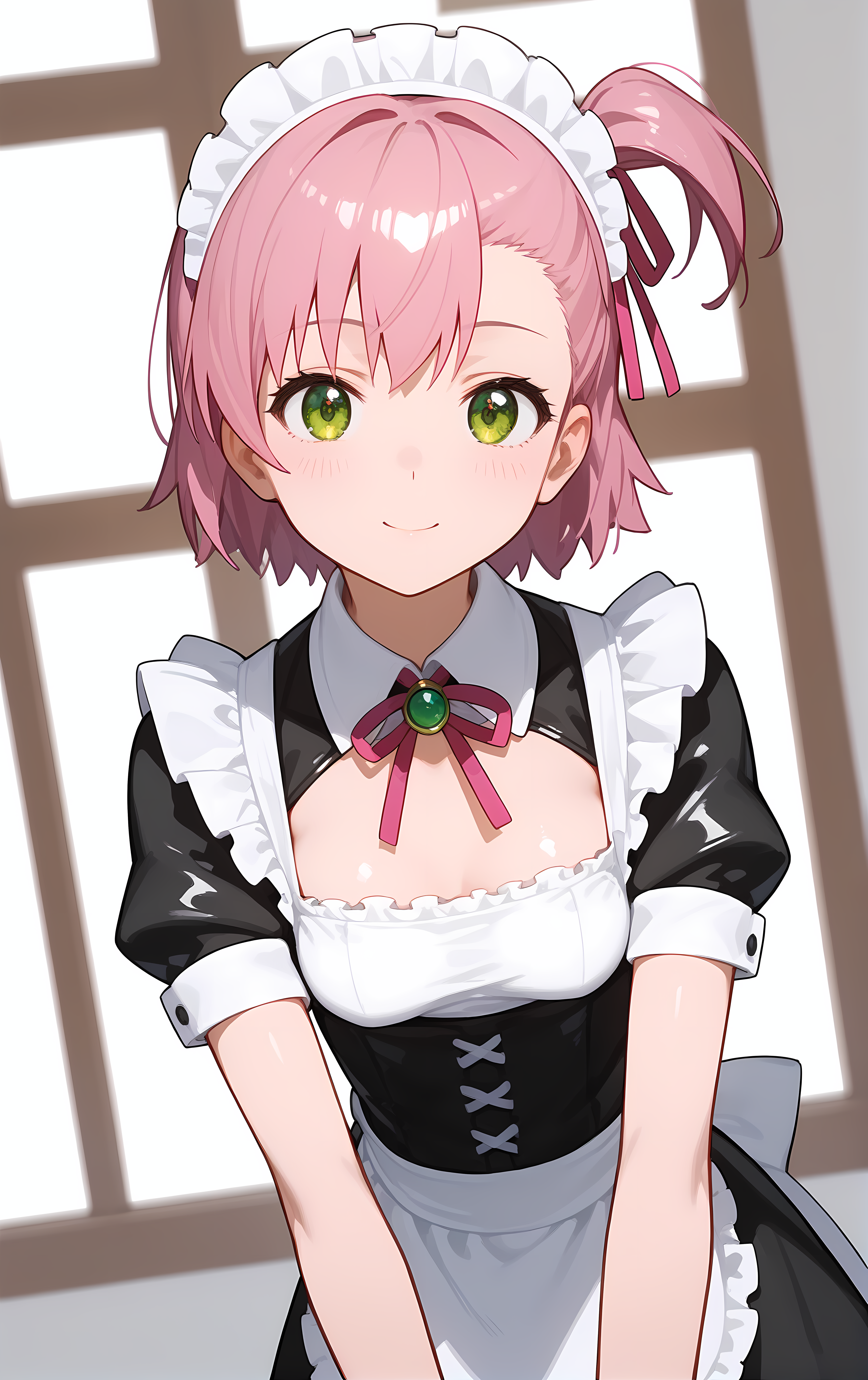 (score_9, score_8_up, score_7_up), standing, leaning forward, looking at viewer, light smile, closed mouth, shiny skin, tight clothes,
ohwx, 1girl, solo, green_eyes, small_breasts, ribbon, hair_ribbon, short_hair, one_side_up, pink_hair, pink_ribbon, side_ponytail,
maid, maid_headdress, apron, wrist_cuffs, alternate_costume,
winter,
cowboy shot, dutch angle, close-up,
 <lora:uruchi_minaya_pony_ss:1>