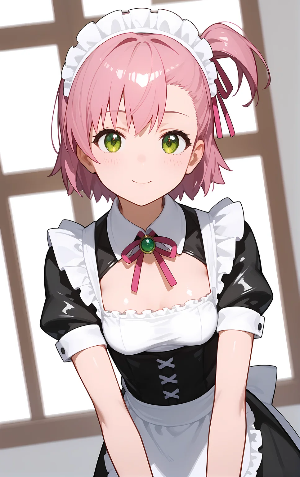 (score_9, score_8_up, score_7_up), standing, leaning forward, looking at viewer, light smile, closed mouth, shiny skin, tight clothes,
ohwx, 1girl, solo, green_eyes, small_breasts, ribbon, hair_ribbon, short_hair, one_side_up, pink_hair, pink_ribbon, side_ponytail,
maid, maid_headdress, apron, wrist_cuffs, alternate_costume,
winter,
cowboy shot, dutch angle, close-up,
<lora:uruchi_minaya_pony_ss:1>