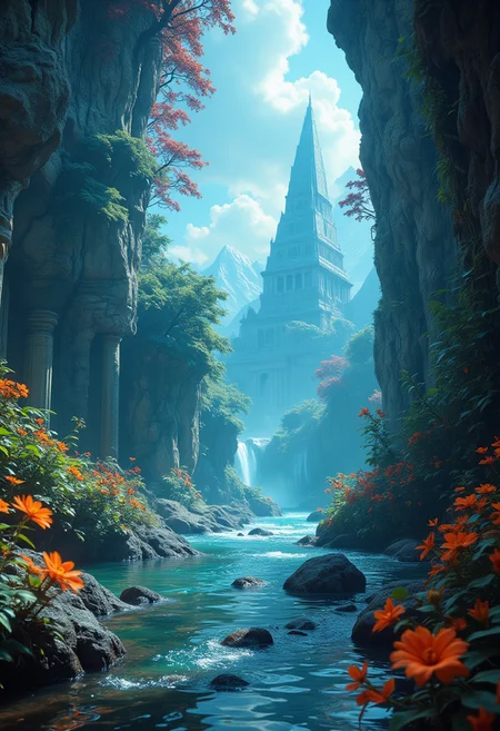 extreme quality, cg, photorealistic, [bright colors], light, elemental, water magic, blue, water, magical, righteous, (outdoors), masterpiece, 8k, [tone mapping, hyper focus], limited palette, [dappled sunlight], reflective surface, orange, wholesome, (varied depth of field:0.8), complimentary colors, particle dust, green embers, (ancient), [pyramid], flood, (vegetation), plants, (destiny 2:1.1), (no humans), (neon cyber technology:1.1), [architecture], magical, ruins, (catacomb:0.7), ripples, granite, detailed texture, flower, marble, vine
