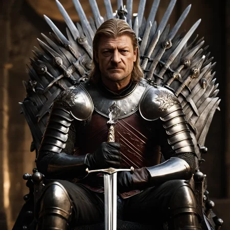 cinematic film still of <lora:Game of Thrones style:1>
In medieval times Sean Bean Eddard Ned Stark a man sitting on a throne with a sword,solo,blonde hair,gloves,1boy,sitting,closed eyes,weapon,male focus,sword,armor,facial hair,scar,beard,scar on face,realistic,scar across eye,manly , cinematic, film, movie still, movie style, film style, fantasy drama, epic drama, dramatic light, dramatic shadow, fictional, Age of Wonders, Age of Empires, warriors, Medieval style, middle ages, dungeons and dragons style, contrast, color, different people, different, unique, kingdoms and castles style, violent, aggressive, detailed, perfection, detailed face, detailed body, detailed hands, detailed eyes, sharp, Game of Thrones style, shallow depth of field, vignette, highly detailed, high budget, bokeh, cinemascope, moody, epic, gorgeous, film grain, grainy