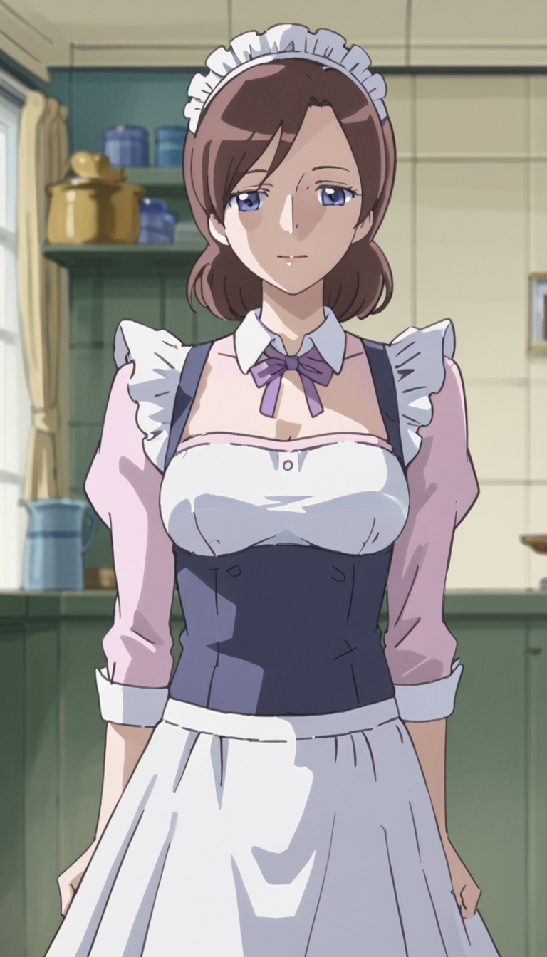 1girl,purple blue eyes,mature female,brown hair,medium breasts,<lora:Tsukikage_Haruna-000008>,maid headdress,
