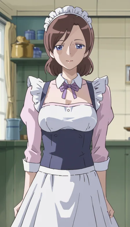 1girl,purple blue eyes,mature female,brown hair,medium breasts,<lora:Tsukikage_Haruna-000008>,maid headdress,