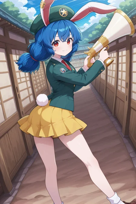 absurdres, highres, masterpiece, best quality, amazing quality, official anime artwork, screencap, anime screencap, outdoors, looking at viewer, light smile, dynamic pose, standing,
 <lora:Seiran_Illustrious:1> seiran, 1girl, solo, red eyes, blue hair, long hair, low twintails, rabbit ears, rabbit tail,, seiran \(eagle ravi special forces\), alternate costume, earclip, green headwear, beret, crescent pin, green jacket, long sleeves, collared shirt, white shirt, red necktie, yellow skirt, pleated skirt, white socks, brown footwear, buttons, lunatic gun, holding gun,