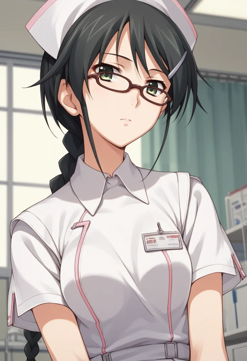 score_9, score_8_up, score_7_up, source_anime BREAK 1girl, solo, <lora:hazukishino-ch-richy-v1_pdxl:0.8> hazukishino, green eyes, black hair, hairclip braid, glasses, nurse, nurse cap, nametag
