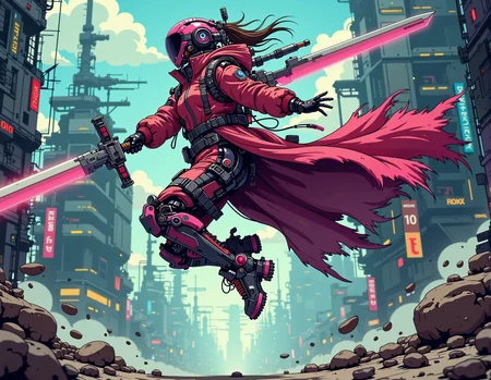 1girl (sci-fi clothes) with GIGANTIC SWORD, Style: Surreal, futuristic, and high-fashion Scene: A striking Balenciaga model is captured mid-jump, suspended in mid-air as if defying gravity <lora:ck-nc-pastel-cyberpunk:1> A digital artwork in the style of cknc,