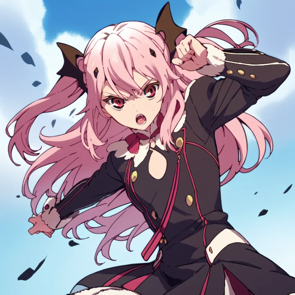 score_9, score_8_up, score_7_up, score_6_up, score_5_up, score_4_up, source_anime, KrulTepes, long hair, red eyes, pink hair, two side up, , action pose