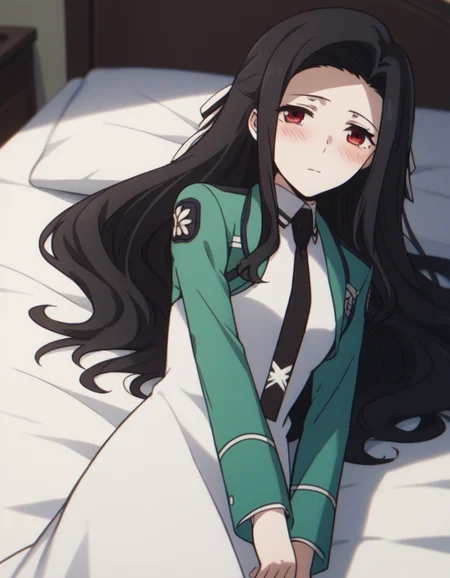score_9, score_8_up, score_7_up, source_anime,
mayumisaegusa, <lora:mayumi-saegusa-s2-ponyxl-lora-nochekaiser:1>,
mayumi saegusa, long hair, black hair, red eyes, ribbon, hair ribbon,
long sleeves, dress, school uniform, pantyhose, necktie, white dress, black necktie,
indoors, bed, bed room, on side, blush, drunk,
solo, dutch angle, looking at viewer, cowboy shot,