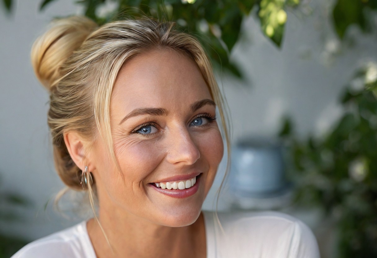 "A hyper-detailed, high-resolution (8K) close-up portrait of a 40-year-old woman with sleek blonde hair tied back in a soft bun, wearing a light, airy white blouse. Her striking blue eyes gleam with happiness, framed by delicate laugh lines that enhance her natural charm. The background is intentionally blurred, suggesting a lush garden terrace brunch—sun-dappled foliage, a wrought-iron table, and scattered morning light filtering through leaves. Shot with a Hasselblad H6D-100c medium-format camera, using a tight crop and a shallow depth of field (f/2.8) to emphasize the interplay of light on her skin and the fine strands of her hair. The lighting is natural yet sculpted, inspired by Annie Leibovitz’s ability to blend realism with ethereal beauty."